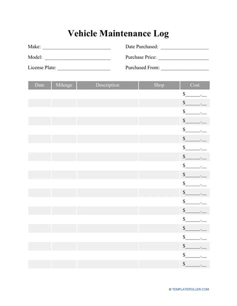 Printable Vehicle Maintenance Log Sheet Pdf