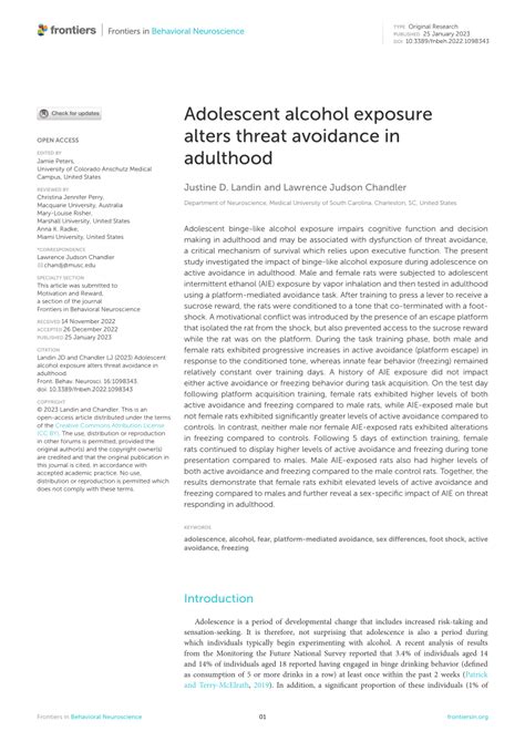 Pdf Adolescent Alcohol Exposure Alters Threat Avoidance In Adulthood