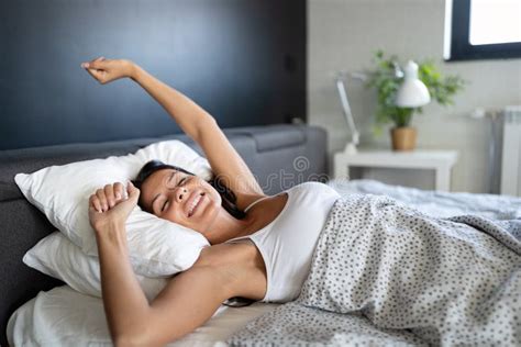 Young Beautiful Woman Waking Up Fully Rested Stock Photo Image Of