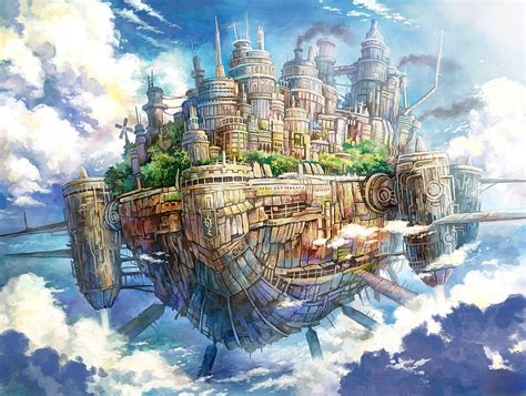 Kemi Neko Original Fantasy Cities Castle Sky Island Clouds Fly Castle