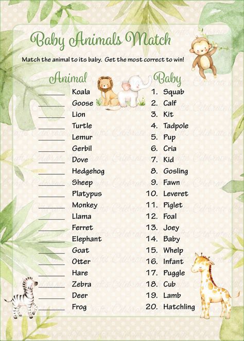 Baby Animals Match Baby Shower Game Safari Baby Shower Theme For Baby