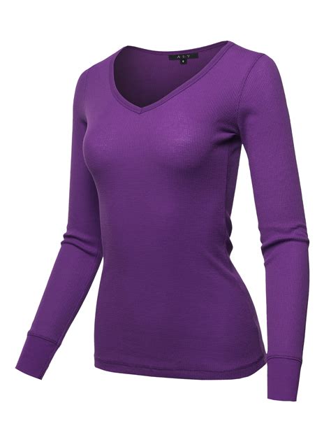 A2y Womens Basic Solid Long Sleeve V Neck Fitted Thermal Top Shirt