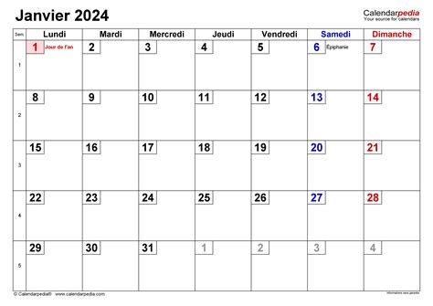 Calendrier Janvier 2024 Excel Word Et Pdf Calendarpedia