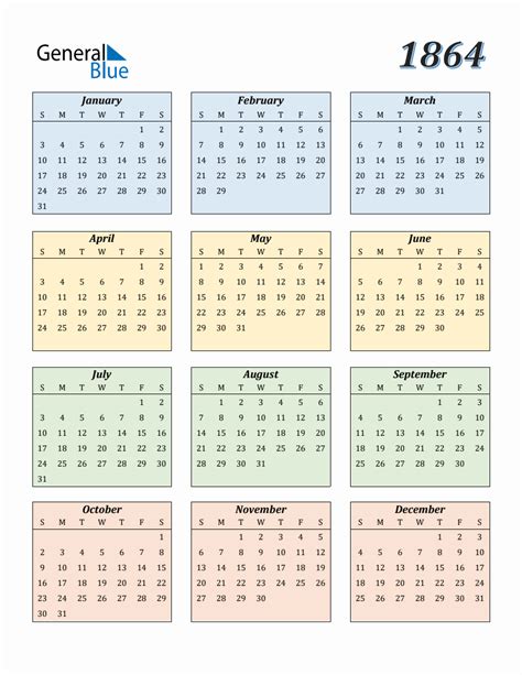 Calendar For Year 1864