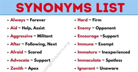 Synonym List Of 300 Synonym Words List With Example Sentences My