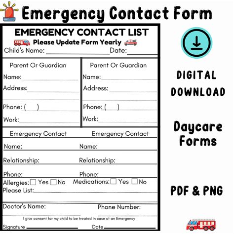 Emergency Contact Form Daycare Forms Preschool Forms Center Etsy