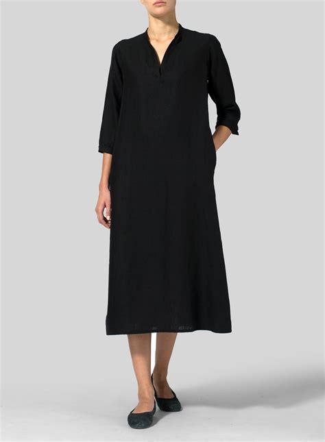 Black Linen V Neck Mandarin Collar Dress Tunic