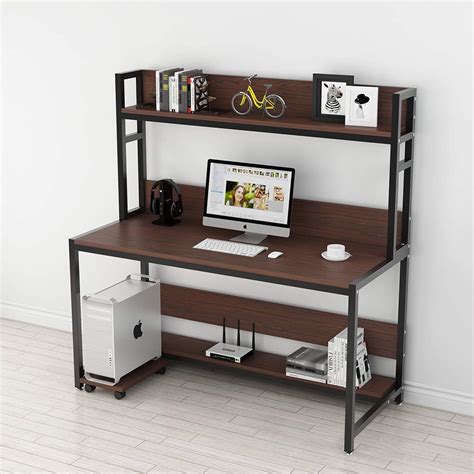 Office table with notepad, computer and coffee cup. Wooden Modern Storage Computer Desk With Bookshelf Study ...