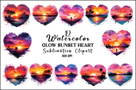 Watercolor Glow Sunset Heart Clipart Graphic By Naznin Sultana Jui
