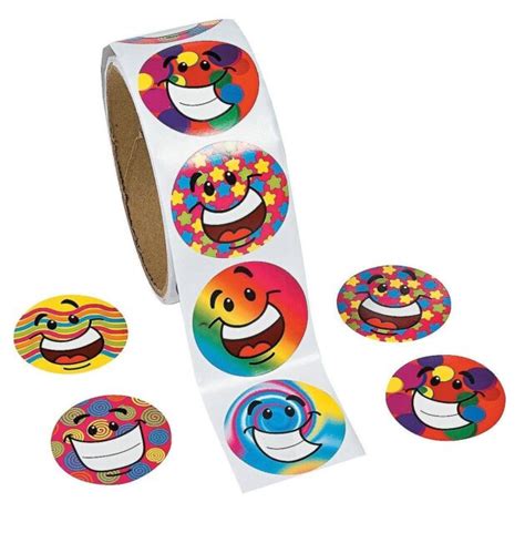 Roll Of 100 Funky Smile Happy Face Stickers Kids Crafts Birthday Party