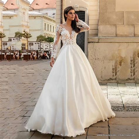 Brautkleider 2021 A Linie Langarm Satin Brautkleid Hochzeitskleid Mit