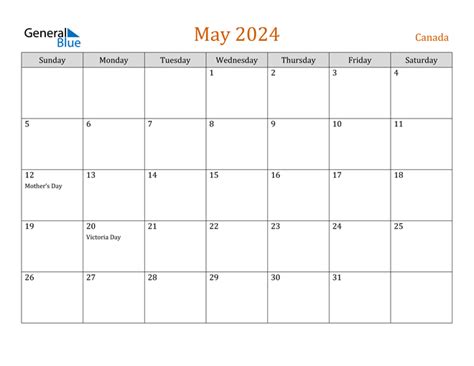 May Calendar With Canada Holidays