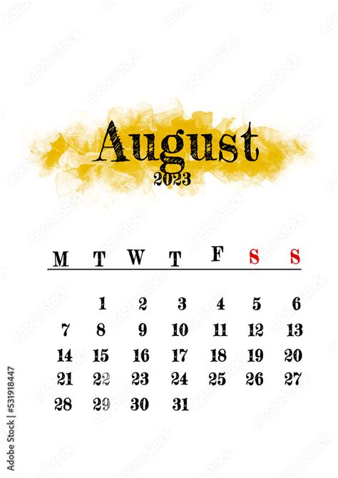 2023 August Month Calendar Template Minimalistic Design Stock