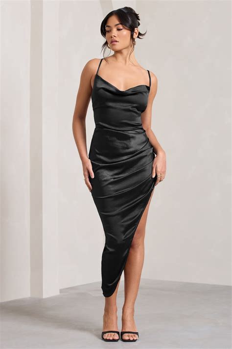 Risk It All Black Cami Cowl Neck Asymmetric Hem Midi Dress Club L