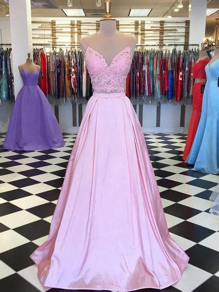 A Line V Neck 2 Pieces Pink Lace Prom Dresses Pink 2 Pieces Lace Form