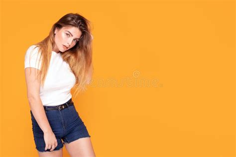 Ginger Girl With Freckles Posing In Studio Emotions Stock Image