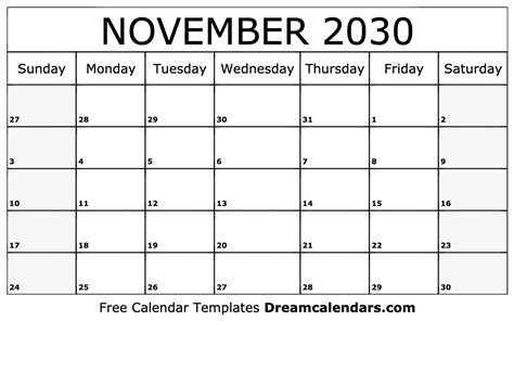 November 2030 Calendar Free Blank Printable With Holidays