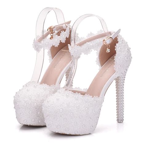 Crystal Queen White Lace Flower Bridal Shoes 14cm High Heel Round Toe