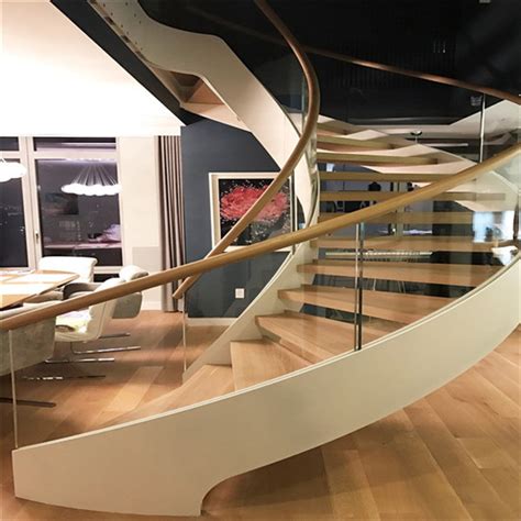 Modern Curved Double Stringers Stairs Wooden Steps Staircase With Glass