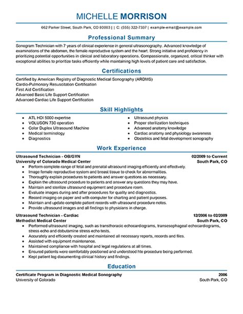 Professional Ultrasound Technician Resume Examples