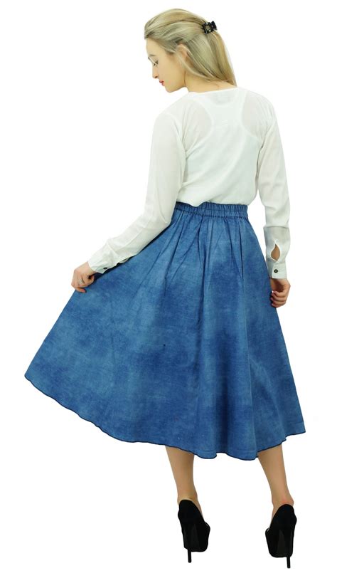 bimba women s elastic waist flared denim skirt with pockets designer iu9 ebay