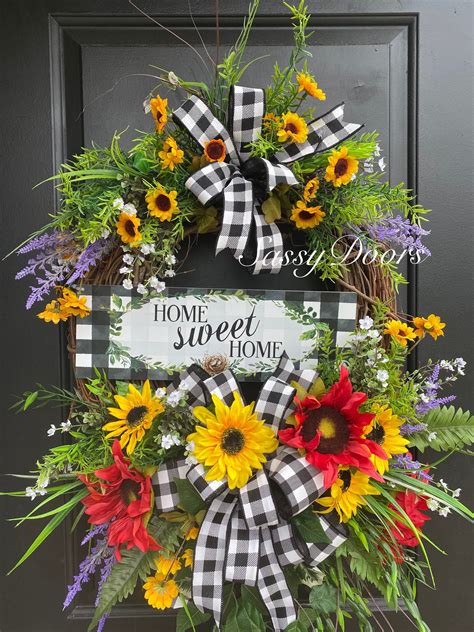 Summer Wreath Sunflower Front Door Wreath Home Sweet Home Etsy