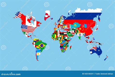 Mapa Del Mundo Coloreado En Banderas Y Nombres De Paises Stock De