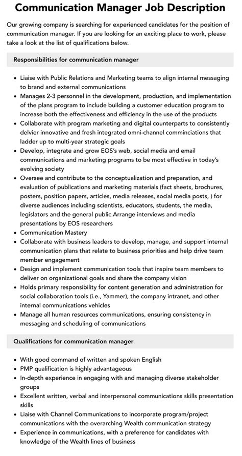 Communication Manager Job Description Velvet Jobs