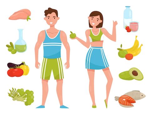 Personajes De Hombre Y Mujer Joven De Fitness Con Alimentos Saludables