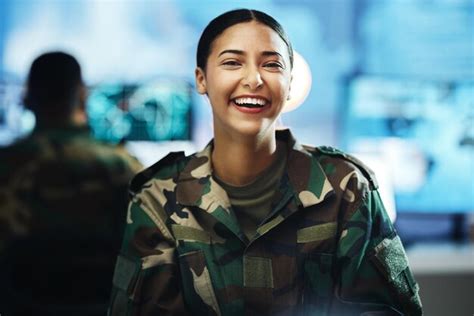 Premium Photo Portrait Smile And A Woman In A Military Control Room