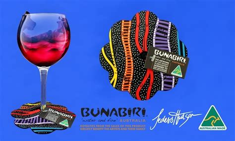 Bunabiri Aboriginal Art Neoprene Wine Glass Coaster Rainbow River Black