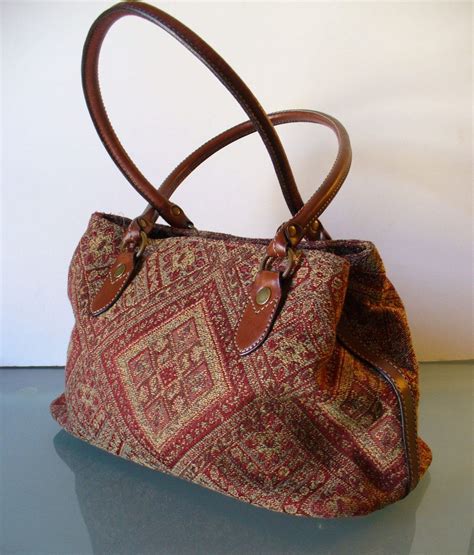Vintage Fossil Tapestry And Leather Tote Bag Etsy Leather Tote