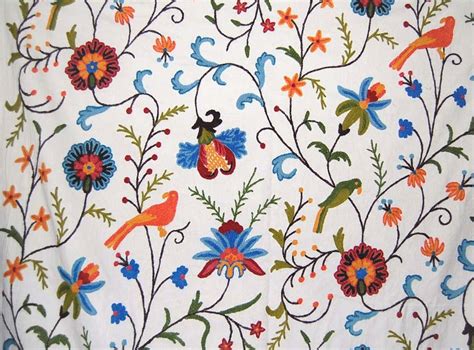 Cotton Crewel Embroidered Fabric Parrots Multicolor Brd002 Best Of