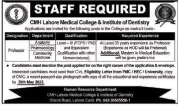 Faculty Jobs At Cmh Lahore Medical College Job Advertisement Pakistan