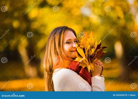 Cute Smiley Woman Holding Autumn Maple Leaves Stock Image Image Of