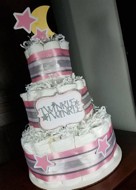 3 Tier Diaper Cake Twinkle Twinkle Pink And Silver With Moon And