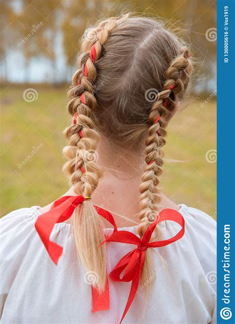 Russian Girl Slavic Appearance With Braids With Red Ribbons In T Editorial Photo Cartoondealer