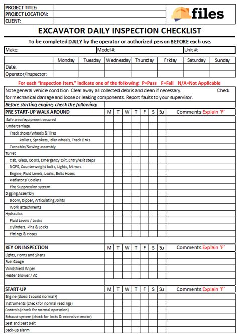 Excavator Daily Checklist Excavator Inspection Checklist Online Read