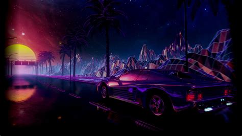 Wallpaper Retrowave Car Road Night Sunset Stars Palm Trees