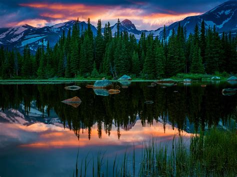 Usa Colorado Red Rock Lakes Lake Mountain Forest Sunset Wallpaper