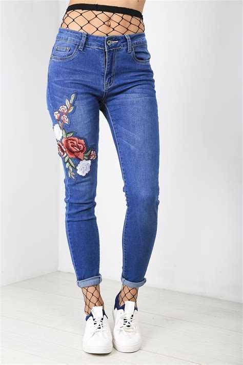Womens Denim Jeans Fade Flower Rose Embroidered Skinny Fit Full Length