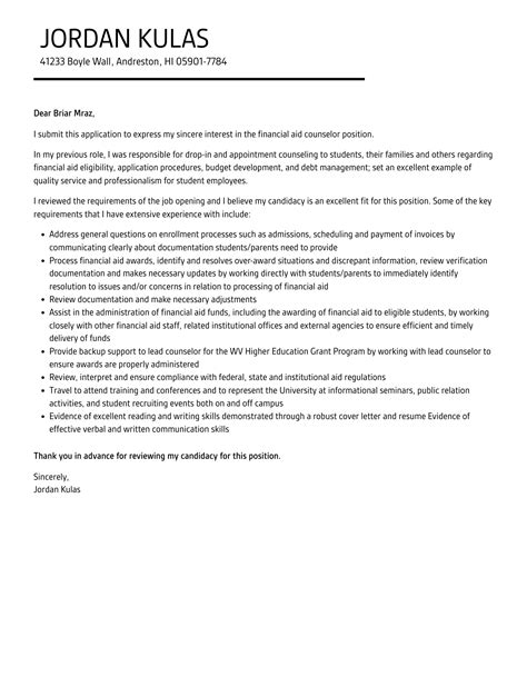 Financial Aid Counselor Cover Letter Velvet Jobs
