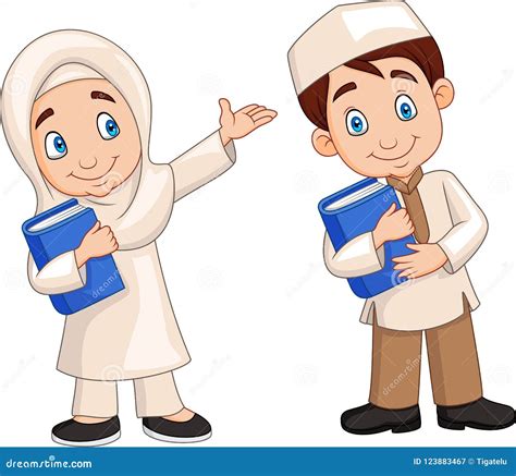 Cartoon Muslim Kids Reading Book Education Concept Vector Illustration