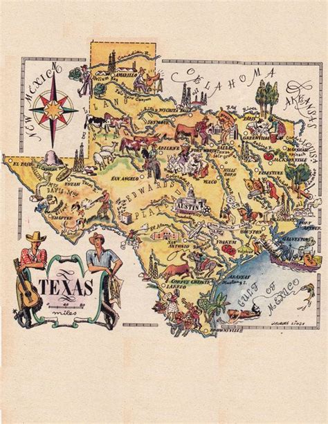Old Pictorial Map Of Texas From 1946 By French Artist By Artdeco Route 66 Travel Art Journal