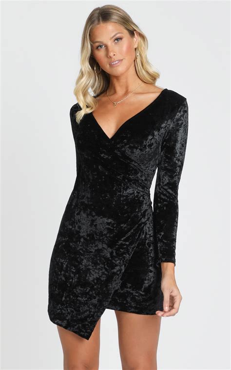 Carli Long Sleeve Mini Dress In Black Velvet Showpo