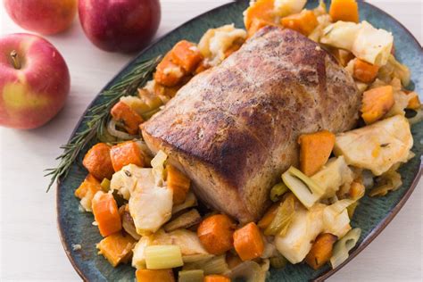 A 3 oz serving of roasted pork center loin has about 169 calories with the fat. Roasted Pork Loin with Vegetables and Apples | Recipe ...