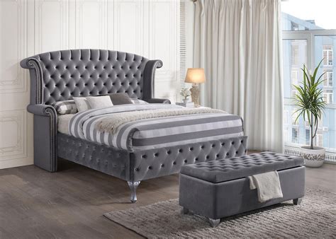 Gray Velvet Wingback Queen Bed Contemporary Rebekah 25820q Acme Buy Online On Ny Furniture Outlet