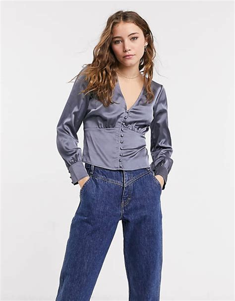 Abercrombie And Fitch Button Front Satin Shirt In Slate Asos