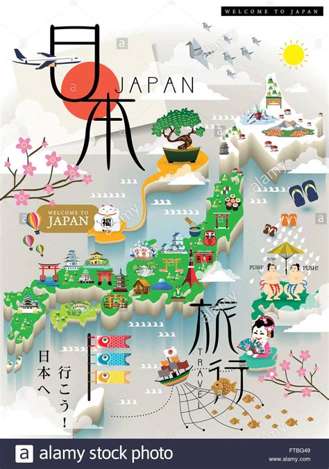 Japan Travel Map With Famous Attractions Japan Travel And Lets Go Stock Vector Image And Art