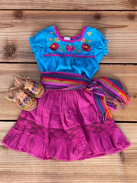 Girls Mexican Outfits Mexican Skirt Embroidered Blouse Sash Etsy
